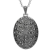 Sterling Silver Whitby Jet Marcasite Oval Star Back Necklace, P2152.