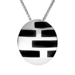 Sterling Silver Whitby Jet Oval Shape Domed Brick Pattern Necklace. P1059