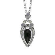 Sterling Silver Whitby Jet Marcasite Moonstone Upside Down Pear Necklace, P2214.