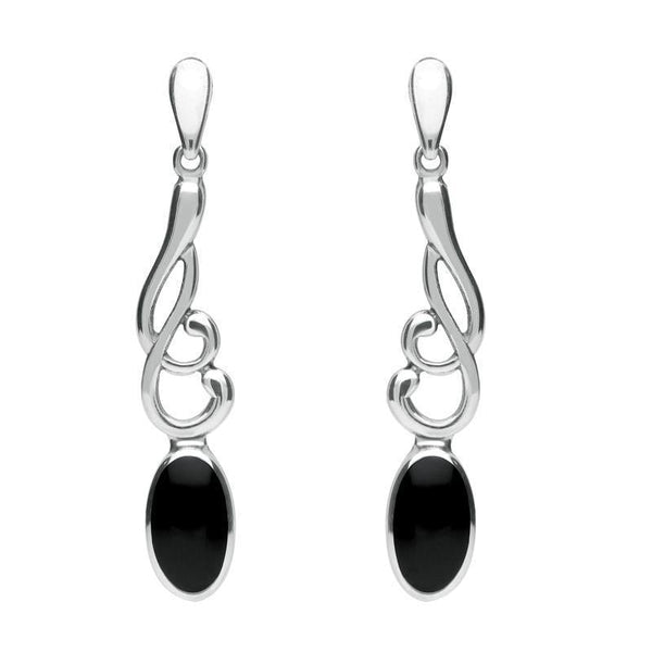 Sterling Silver Whitby Jet Scroll Drop Earrings E089