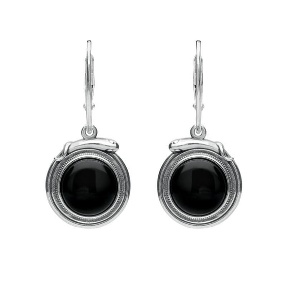 Sterling Silver Whitby Jet Small Round Snake Edge Hook Drop Earrings E2205