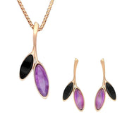 Rose Gold Vermeil Whitby Jet Amethyst Leaf Drop Two Piece Set, S077