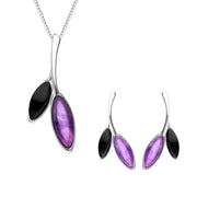 W Hamond Sterling Silver Whitby Jet Amethyst Two Leaf  Two Piece Set, S077.