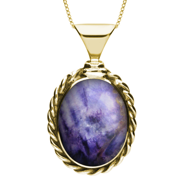 9ct Yellow Gold Blue John Large Oval Rope Edge Necklace. P131