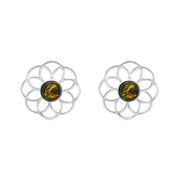 Sterling Silver Amber Flower Stud Earrings, SE1534.