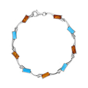 Sterling Silver Amber Turquoise Nine Stone Oblong Off Set Bracelet B609B_1