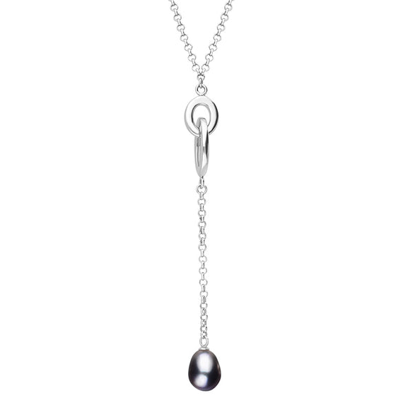 Sterling Silver Black Pearl Double Oval Drop Necklace, N695.