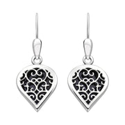 Sterling Silver Blue Goldstone Flore Filigree Heart Drop Earrings. E2588.