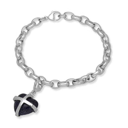 Sterling Silver Blue Goldstone Medium Cross Heart Charm Bracelet, B1210
