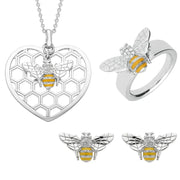 Sterling Silver Swarovski Crystal Enamel Bee In Beehive Three Piece Set