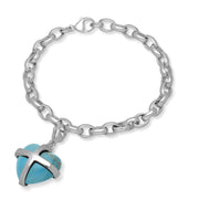 Sterling Silver Turquoise Large Cross Heart Charm Bracelet, B1211