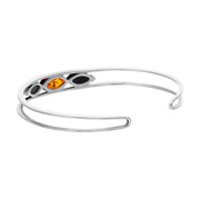 Sterling Silver Whitby Jet Amber Three Stone Marquise Cuff Bangle, B1187_3.