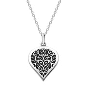 Sterling Silver Whitby Jet Flore Filigree Medium Heart Necklace. P3630.