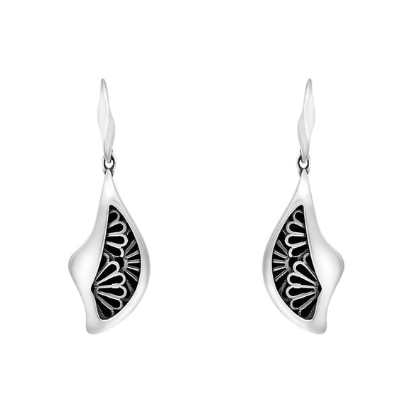 Sterling Silver Whitby Jet Gothic Filigree Fan Drop Earrings, E1592