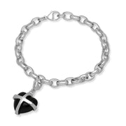 Sterling Silver Whitby Jet Medium Cross Heart Charm Bracelet, B1210