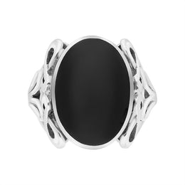 Sterling Silver Whitby Jet Oval Carved Side Ring