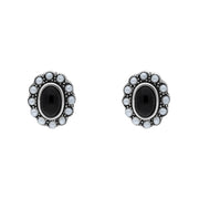 Sterling Silver Whitby Jet Pearl Oval Beaded Edge Stud Earrings. E1632.