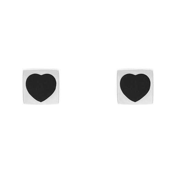Sterling Silver Whitby Jet Square Heart Stud Earrings, E441.