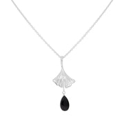 Sterling Silver Whitby Jet Teardrop Ginkgo Biloba Leaf Pendant 