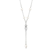 Sterling Silver White Pearl Five Stone Double Oval Drop Necklace, N707.