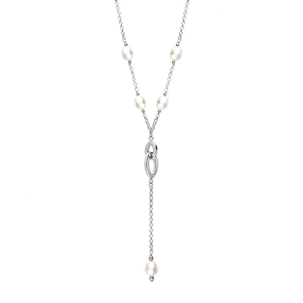 Sterling Silver White Pearl Five Stone Double Oval Drop Necklace, N707.