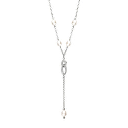 Sterling Silver White Pearl Five Stone Double Oval Drop Necklace, N707.